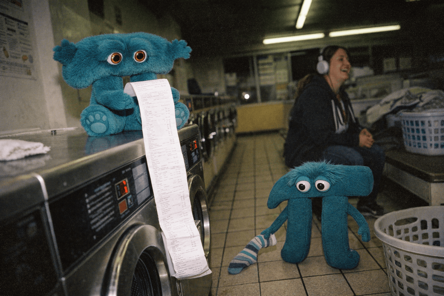 The two teal Sontara mascots in a laundromat at night — the plush sits on a washer reading a long paper receipt while the little muppet drags a striped sock across the floor, a woman in headphones laughing behind them